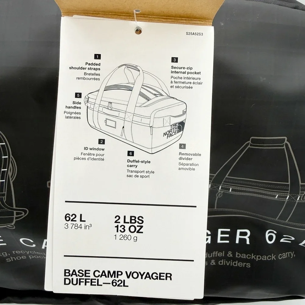 The North Face Base Camp Voyager 62L Duffel Bag Black White NF0A52S3 NEW